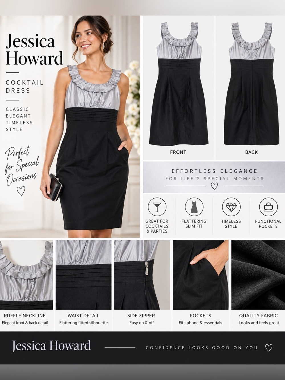Jessica Howard Cocktail Dress 6P Petite Black Silver Ruffle Neck Side Zip Pocket